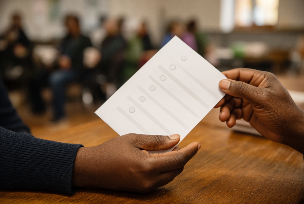 Hands passing a paper ballot