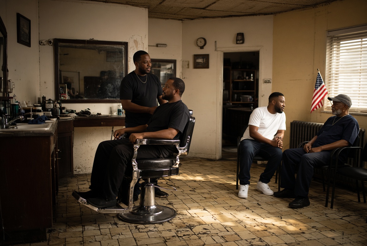 Men talking in a neighborhood barbershop
