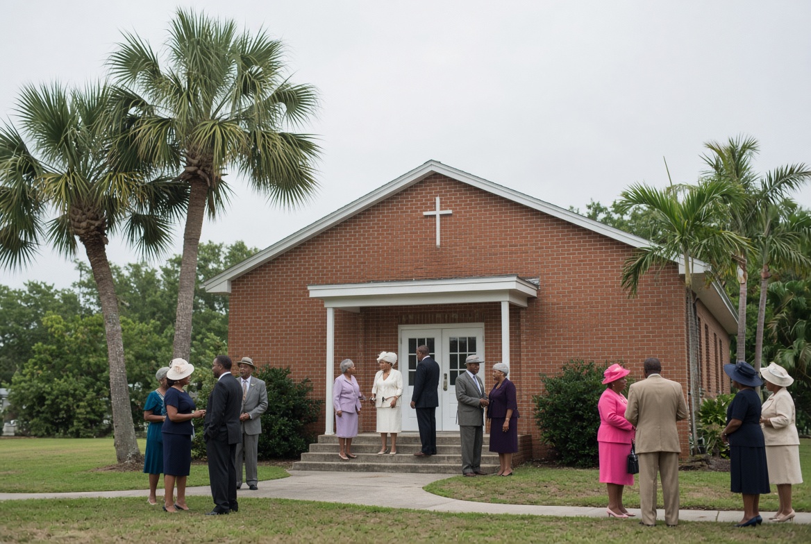 A congregation talking outside a church after service