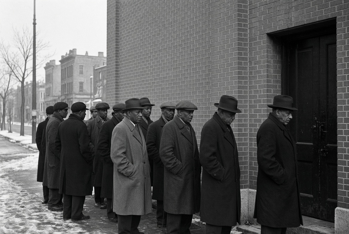 Black workers waiting outside a public building in the Depression years